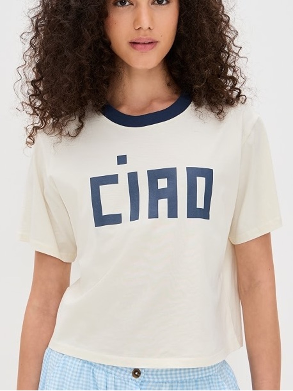 Clare V Ciao le carre Graphic Ringer T-Shirt Cream Navy M 57064